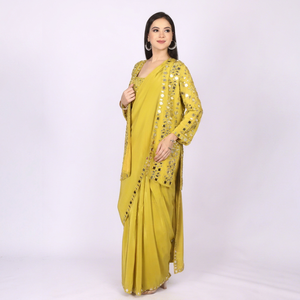 Luxury Designer Crepe Saree with <b>Jacket</b> with Mirror wok at full body and <b>jacket</b> with saree border For Every Occasion - Product Image 1