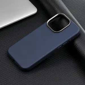 新款豪华皮革手机外壳，适用于iPhone 15 14 Pro Max PU皮革后盖，带金属相机框架和侧键