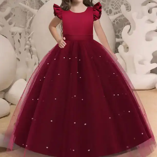 Hot sell child bowtie net yarn dress girls clothes 8-12 years dresses party wear elegant dresses for girls