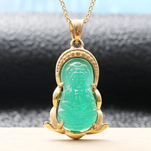 Colgante de Guanyin de Acero Inoxidable con Baño de Oro e Incrustaciones de Jade Verde, Diseño Geométrico, para Hombre y Mujer, 27081 - Product Image 3