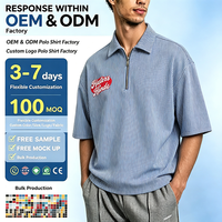 Polo en denim rayé 330g à col zippé, manches courtes, style vintage oversize, brodé, formel