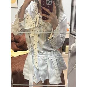 Korean Style Striped Patchwork Dress Long Sleeve Bow Neckline Tight Waist Casual Daily Wear Blue White Stripes Polyester - Product Image 4