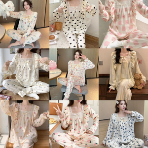 Pijama <span class=keywords><strong>de</strong></span> algodón con burbujas <span class=keywords><strong>de</strong></span> primavera y otoño para <span class=keywords><strong>mujer</strong></span>, pijama <span class=keywords><strong>de</strong></span> cuello cuadrado estilo princesa grasa, pantalones <span class=keywords><strong>de</strong></span> manga larga, cintura elástica - Product Image 2