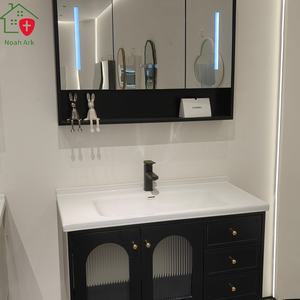 Puertas dobles de vidrio arqueado de estilo retro chino negro, encimera blanca, lavabo de cerámica, almacenamiento multi-espacio - Product Image 3