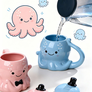 Tasse en céramique Solhui avec couvercle, design pieuvre mignon, vaisselle adorable pour enfants, cadeau - Product Image 1