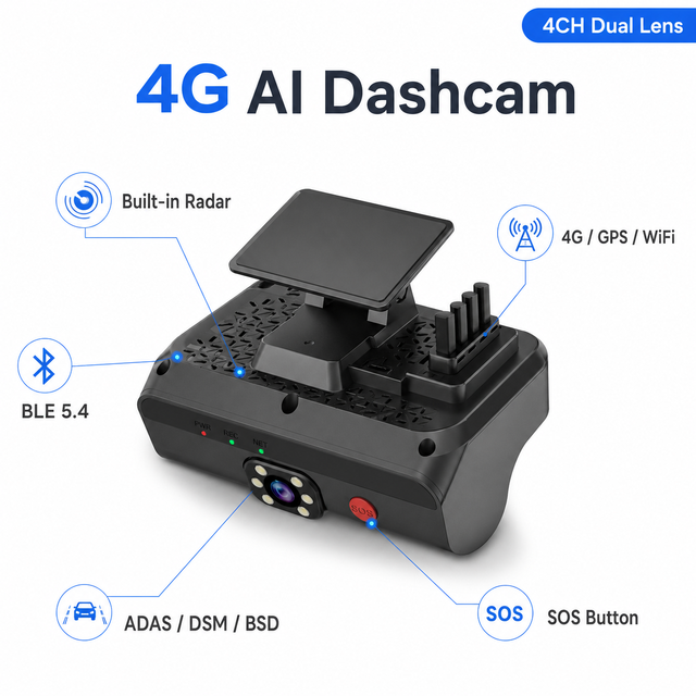 New 4G 2K Ai Dashcam Dashboard DVR ADAS DSM Facial Recognition Advanced Driving Assistance Monitor System for Fleet Management