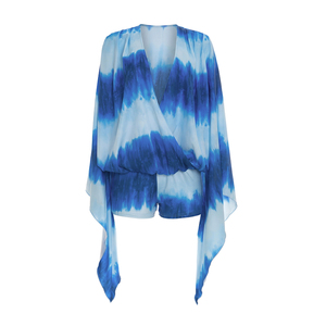 Viviblook D26ST156 Conjunto de verano para mujer, estampado Tie Dye, mangas acampanadas, top con abertura, pantalones cortos, conjunto informal de dos piezas - Product Image 4