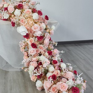D-FR159 Vente chaude Chemin de table en fleurs rouge foncé, grand chemin de table en fleurs, chemin de table pour allée, chemin de table en fleurs fait main pour mariage, soie pour décoration d'événements - Product Image 2