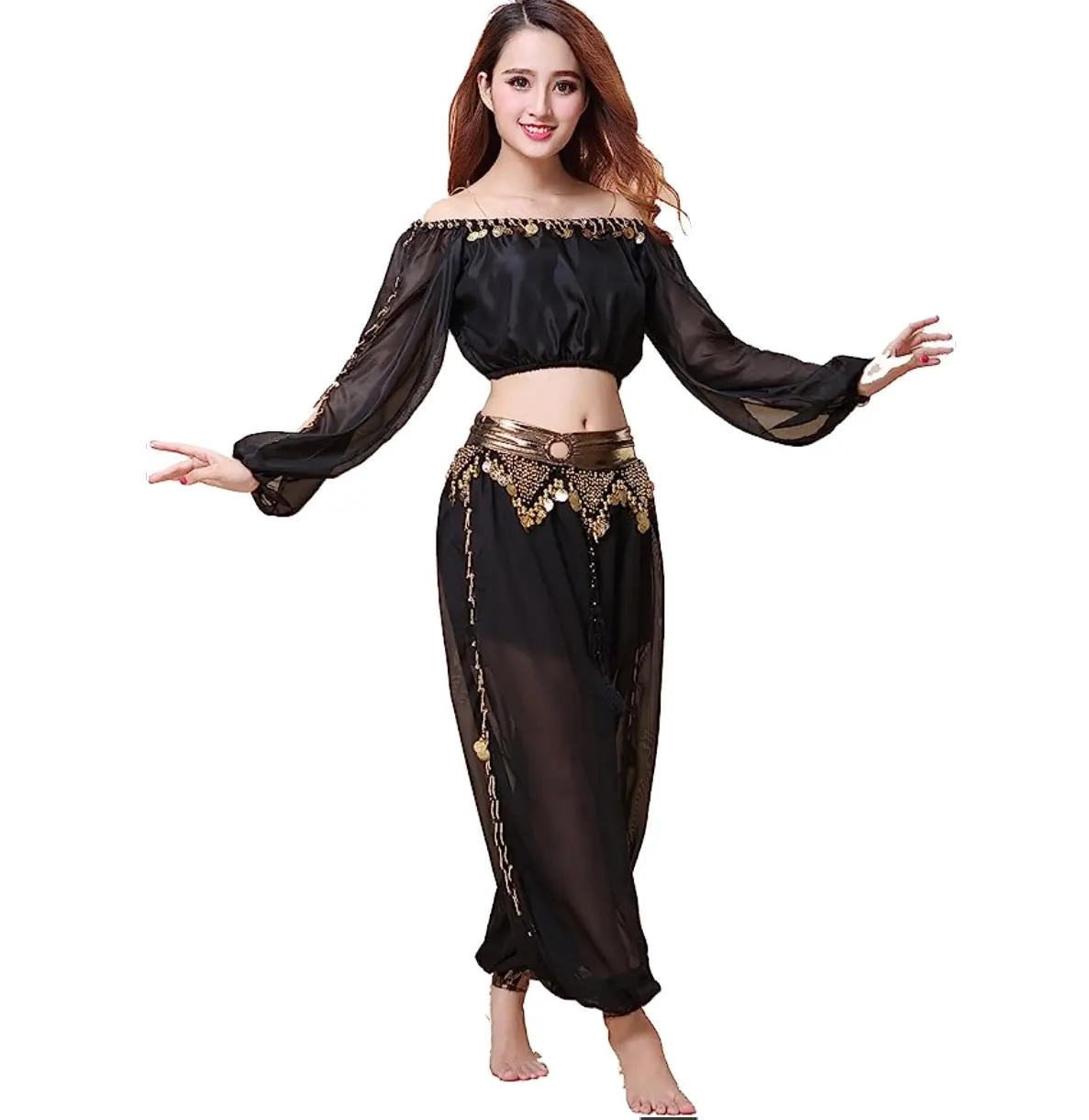 Belly Dance Chiffon Long Sleeves Top and Lantern Coins Pants set Black Belly arabic indian dance dress women