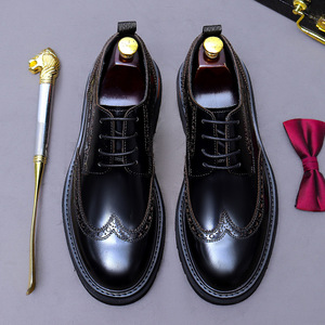 Chaussures derby à lacets pour hommes en cuir véritable lisse, style business décontracté, avec semelle épaisse en cuir de boeuf, chaussures pour hommes - Product Image 3
