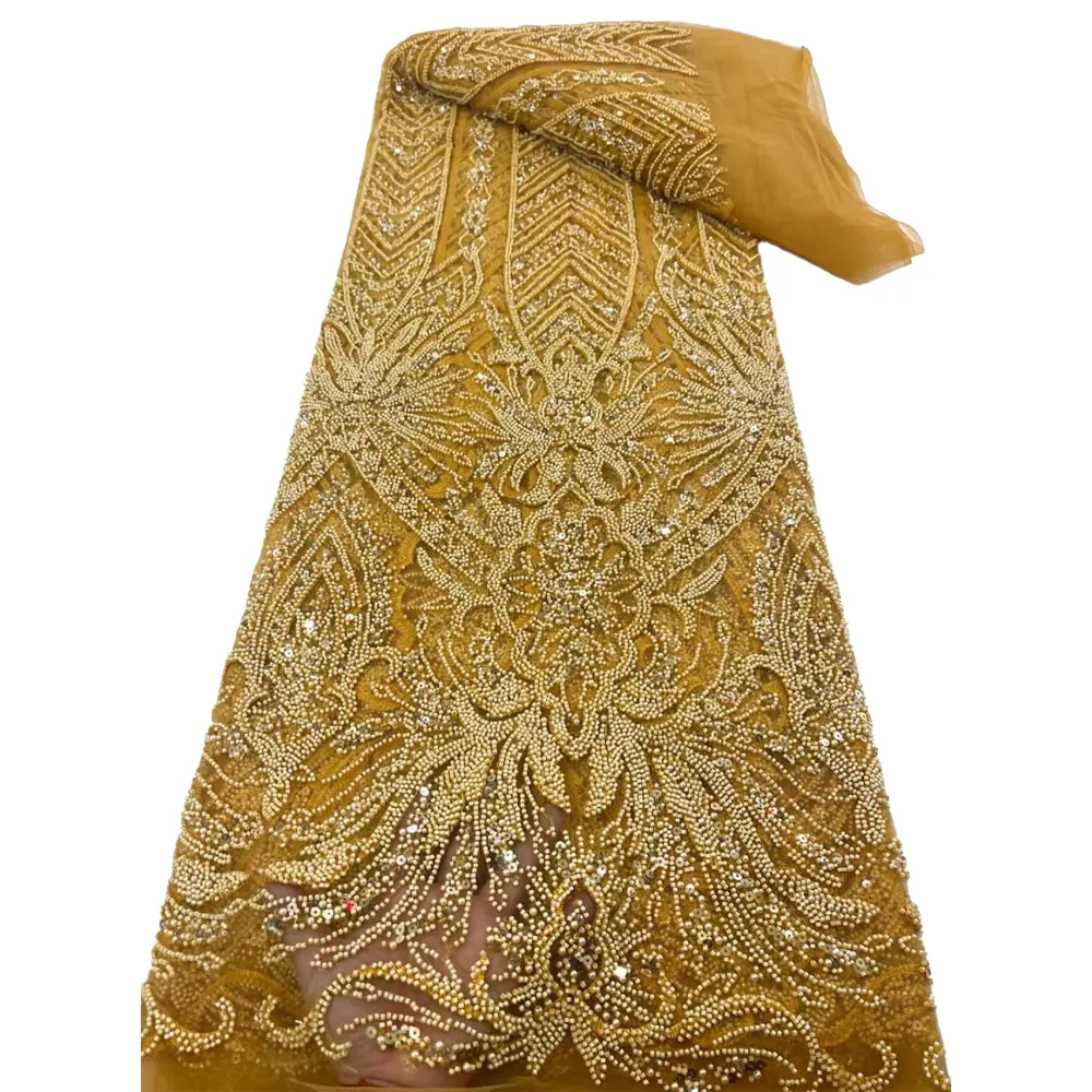 HFX tissu français haut de gamme en dentelle perlée à la main broderie nigériane 3D tissu de dentelle perlée robe de mariée avec maille à paillettes