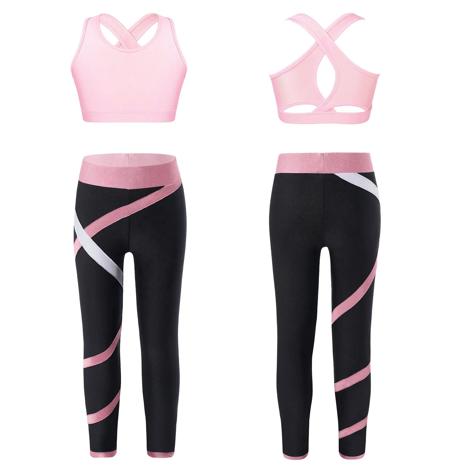 Kids Girls Sleeveless U Neck Cross Shoulder Straps Keyhole Back Crop Top Colorblock Leggings Running Gym Yoga Sports Sets