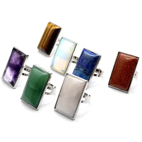 Personal Long Stone Ring Open Design Silver Color Assorted Gemstone Crystal Healing Rings for Women