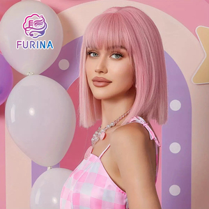 Pelucas Rosadas, Peluca Lisa Rosa Claro con <span class=keywords><strong>Flequillo</strong></span> para Mujer, Resistente al Calor, Sintética, con Línea de Cabello Natural, Pelucas Cortas sin Pegamento para Fiesta - Product Image 2