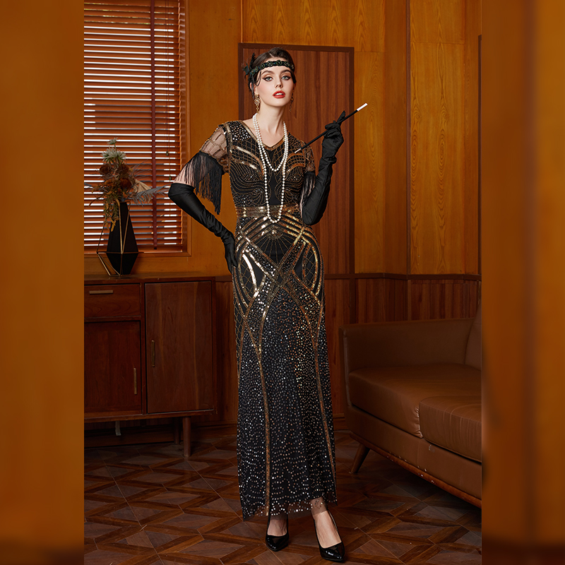 chinese dress ladies Zapaka Women Vintage Green Beaded Long Flapper Dress with 1920s Accessories Set, Black / S main image 1