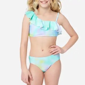 7-16岁女孩定制印花比基尼游泳套装单肩设计可爱少女比基尼套装泳装
