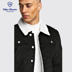 Couleur noire veste en jean avec sherpa à l'intérieur cordon veste avec col borg, veste en jean col fourrure homme - Product Image 3