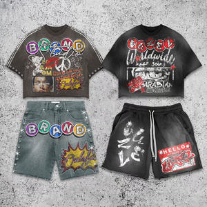 เสื้อยืดผู้ชายพิมพ์ลายแบบรีดร้อน สวมใส่สบาย ระบายอากาศได้ดี ผ้าถัก 500GSM ผ้าฝ้าย 100% ชุดเสื้อยืดโอเวอร์ไซส์ สไตล์ฮิปฮอป สตรีทแวร์ - Product Image 1