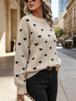 Pull en tricot à col rond pour femme, à manches longues, avec motif jacquard en forme de cœur, ample (personnalisable)