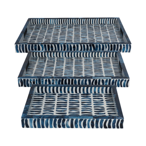 Set di 3 Vassoi Decorativi Costieri Blu con Design a Pennello, Vassoi Rettangolari per Servire, per Comodino, Tavolino da Caffè, Porta Gioielli - Product Image 1