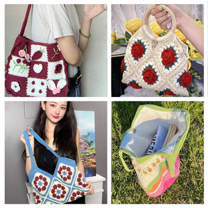 [Stock de Productos Terminados] Colección de Bolsos de Tela de Algodón Tejidos <span class=keywords><strong>a</strong></span> Mano, Materiales Tridimensionales para DIY, Patrón de Camelia, Estilo Abuela - Product Image 3