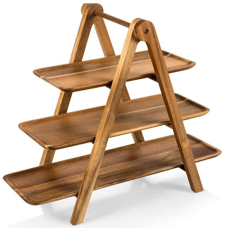 3-laags dessertdisplaystandaard, cupcake-standaard en torens, serveerschaalset, draagbare opvouwbare voedseldisplaystandaard, gelaagde kaas-charcuterieborden, acaciahouten dienbladen, voor buiten