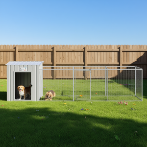 Nichoir pour chien en acier galvanisé gris clair avec enclos 43.3x159.4x43.3, abri extérieur pour animaux de compagnie de grande race - Product Image 2