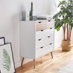 <span class=keywords><strong>Commode</strong></span> à <span class=keywords><strong>5</strong></span> <span class=keywords><strong>tiroirs</strong></span> blanche et effet chêne, <span class=keywords><strong>commode</strong></span> de chambre à coucher de style <span class=keywords><strong>scandinave</strong></span>, armoire de rangement de style nordique avec pieds effilés - Product Image 3