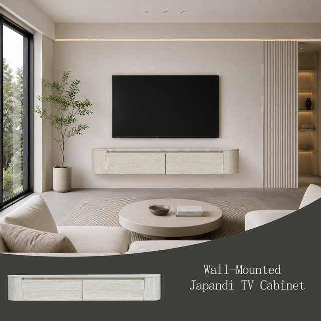 Factory Premium Wall Mounted Japandi TV Cabinet MDF Floating with Travertine Texture Finish Minimalist Living Room Media Console
