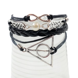 Fashion Charm <b>Bracelet</b> Black Leather <b>Infinity</b> Wings Geometric Design Tibetan Silver Multi-layered Stackable Jewelry - Product Image 5