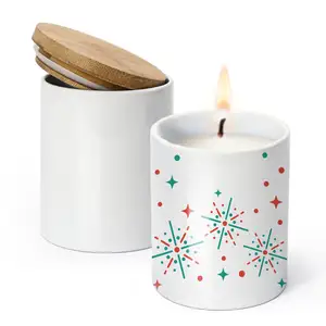 クリスマスカスタム昇華ブランク磁器セラミックキャンドルタンブラー容器竹蓋付きホワイトラウンドキャンドルジャー