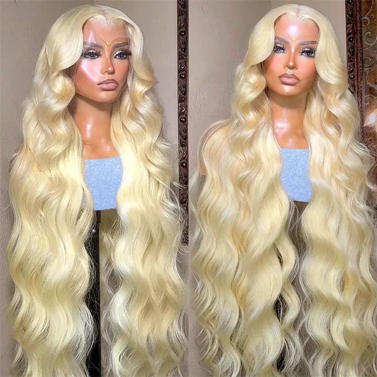 180% Densité Brute Vierge Brésilienne Péruvienne Cheveux 13X6 613 Blonde Corps Vague HD Transparent Dentelle Frontale Perruques de Cheveux Humains À Vendre