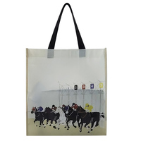Sac fourre-tout mini pliable en non-tissé beige avec logo personnalisé imprimé, motif animal cheval, idéal pour vêtements professionnels et cadeaux de fin d'année