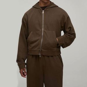 Winter <b>Printed</b> Solid Washed Brown Cropped Zip <b>Hoodie</b> Wide Leg Sweatpants Custom Men Two-Piece Sweatsuit - Product Image 3