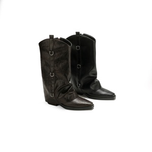 Bottes à bout carré pliables style streetwear, bottes western rétro en cuir craquelé, chaussures hautes au genou avec anneau en D audacieuses - Product Image 1