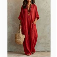 Robe décontractée longue et ample à manches courtes et col en V de couleur unie pour femmes européennes et américaines