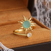 Cincin Putar Bunga Berlapis Emas dengan Batu Mata Kucing Turquoise, Perhiasan Penghilang Kecemasan untuk Wanita, Hadiah