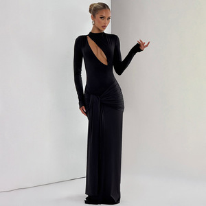 Vestido de Noche Elegante para Mujer, Manga Larga, Cuello Redondo, Corte Hueco, Color Sólido, Cintura Natural - Product Image 4