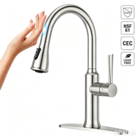 Robinet de cuisine classique contemporain à poignée unique avec capteur tactile, en acier inoxydable 304, avec douchette extractible à 3 fonctions