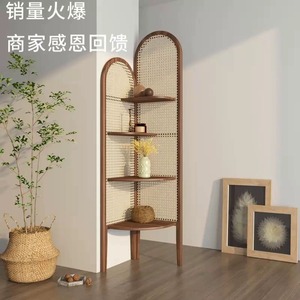 Scaffale Triangolare in Legno Massello e Rattan Giapponese per Soggiorno, Balcone, Camera da Letto, Angolo Pavimento, Mobile Laterale per Piccoli Appartamenti - Product Image 2