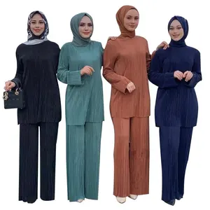 New Arrival Indonesia Muslim Women Ethnic Style Loose Pleated Clothing Suit Arab Ladies Two-piece Crinkle Clothing
