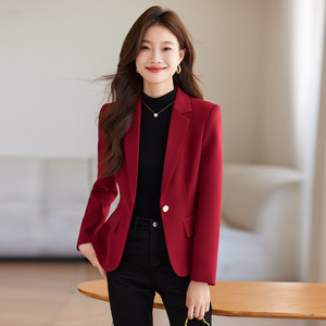 Women's Red Blazer Slim Fit Professional Casual Spring Autumn Solid Color Polyester Anti-Wrinkle Suit Top - Product Image 1