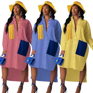 J & H 2021 אביב שמלת אפריקאי עיצוב מודפס בת ארוך שרוול סדיר טלאי חולצה שמלות נשים מזדמנים כפתור למטה שמלה