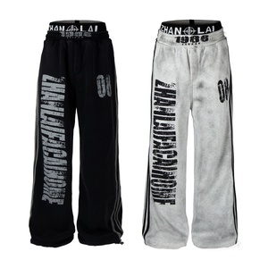<span class=keywords><strong>Pantalones</strong></span> de chándal unisex de estilo americano urbano de otoño, desgastados, con letras vintage, de doble cintura, elegantes, de pierna curva y ancha - Product Image 1