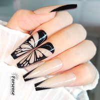 Fabricant de ongles à pointe française noire de conception personnalisée, ongles à pression papillon naturel, vente en gros de faux ongles en forme de cercueil long