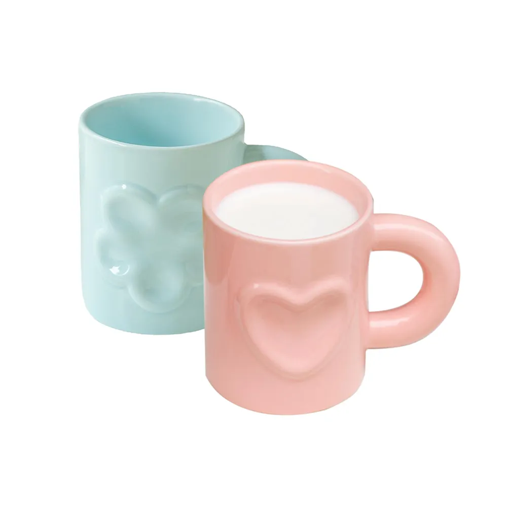 Mug Keramik Lucu untuk Anak Perempuan, 10Oz/300Ml Warna Pink Hati Timbul