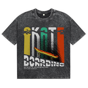 Camisetas Personalizadas de Algodón con Lavado Ácido Negro Vintage para Hombre, Camisetas de Alta Calidad con Estampado de Letras de Skateboarding, Estilo Casual Urbano, Corte Regular - Product Image 1