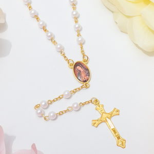 Collar de Rosario con Cuentas de 8mm Chapadas en Oro, Imitación de Perlas, Colgante de Cruz de Aleación de Nuestra Señora de Guadalupe, Joyería Religiosa Católica para Rezar - Product Image 5