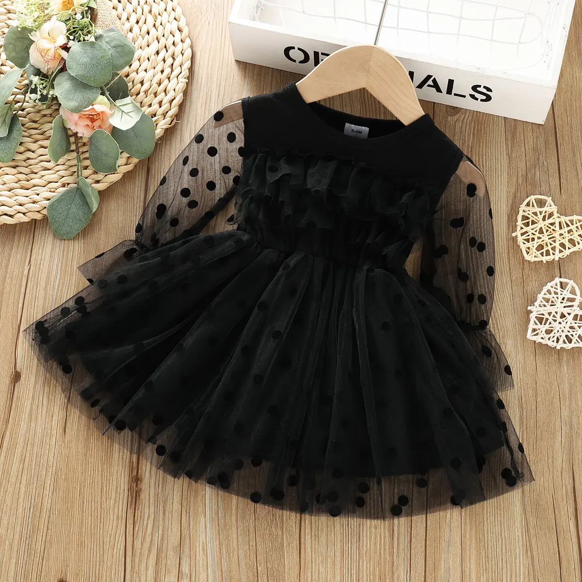 688 Toddler Girl Boutique Clothes New Polka Dot Printed Mesh Long Sleeve Princess Skirt Baby Lace Tutu Dress