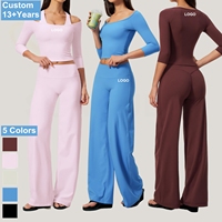 Dames zachte geborstelde yoga pilates set, shirts met halve mouwen, high waist buikcontrolle, billen liftende wijde broek, 2-delige activewear set